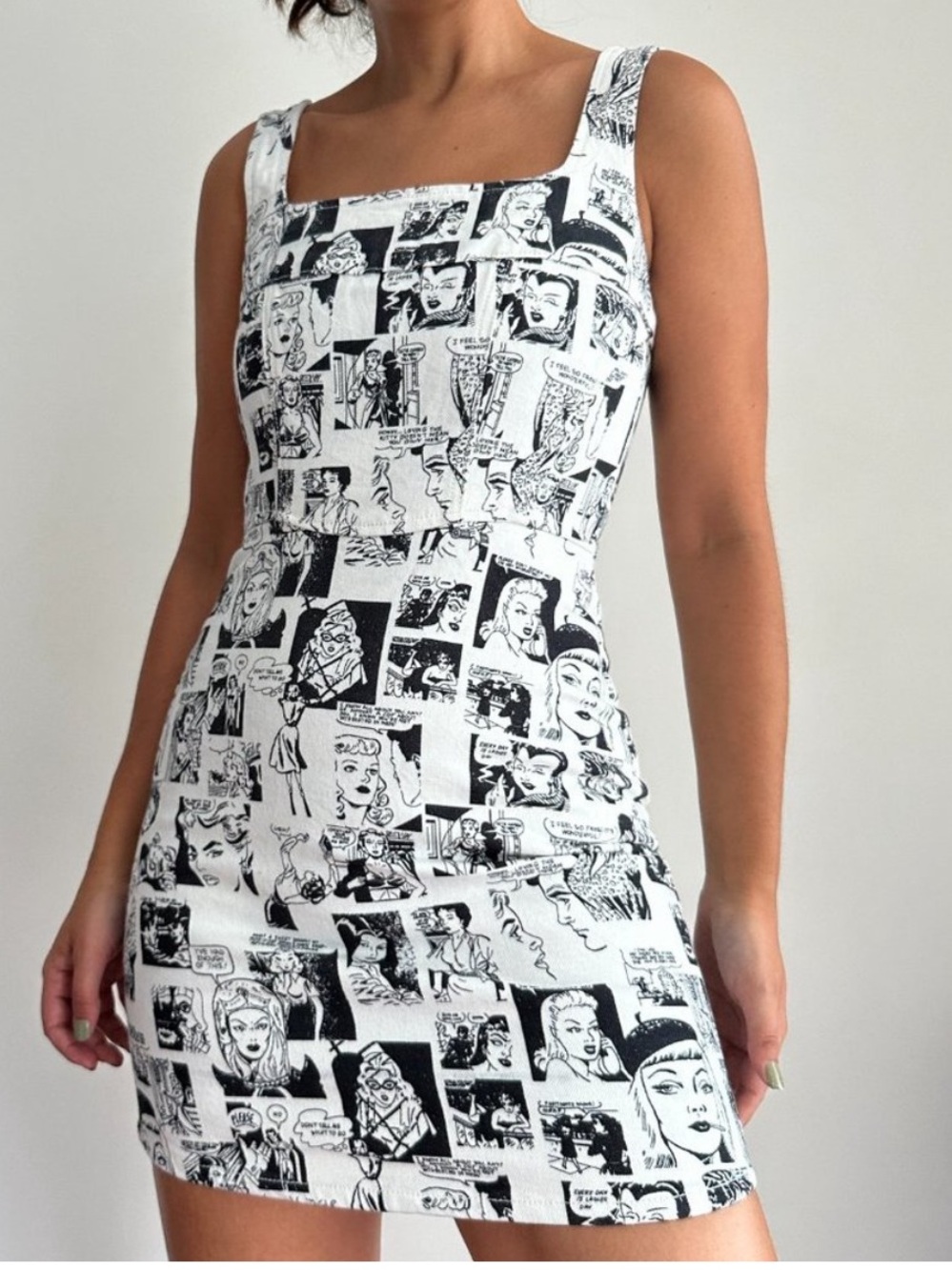 Reformation Davies Bustier Denim Mini Dress Comic Print Size 2 Black White
